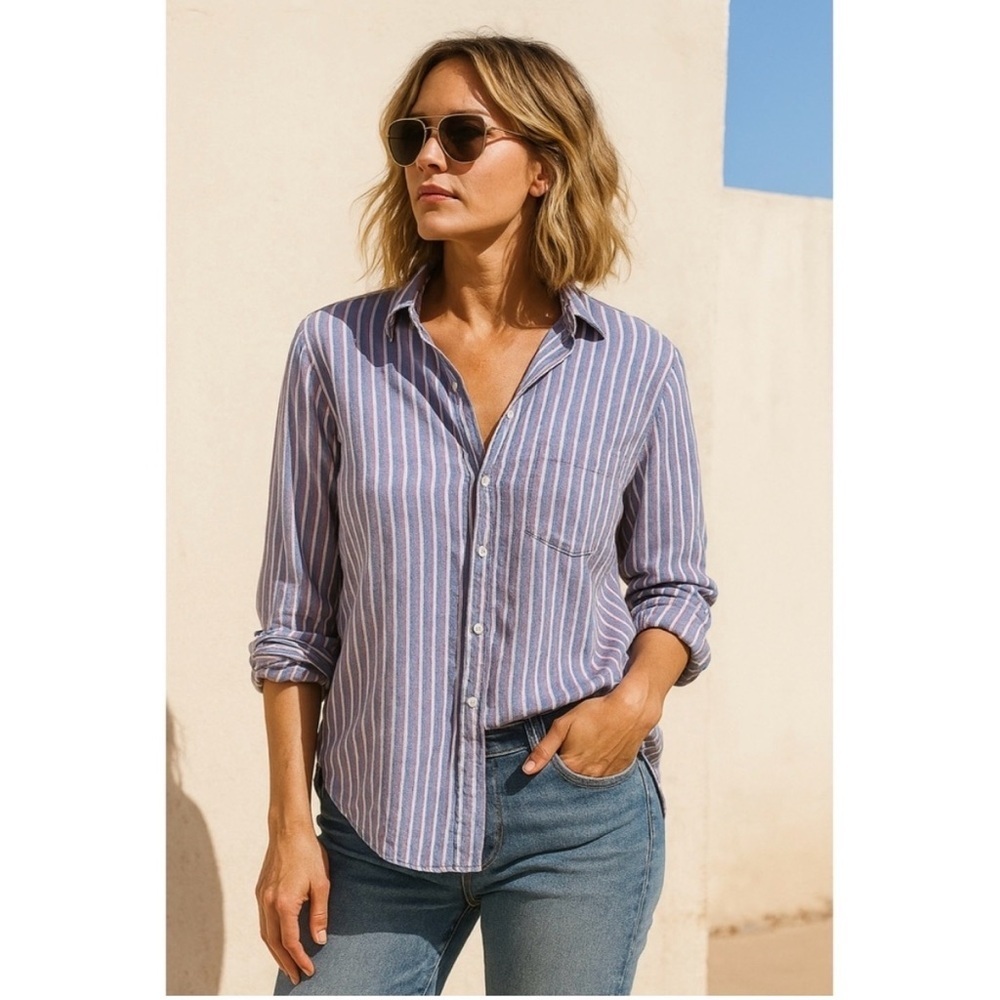 Grayson women are Striped Button-Up Shirt - Blue and red size 3 medium